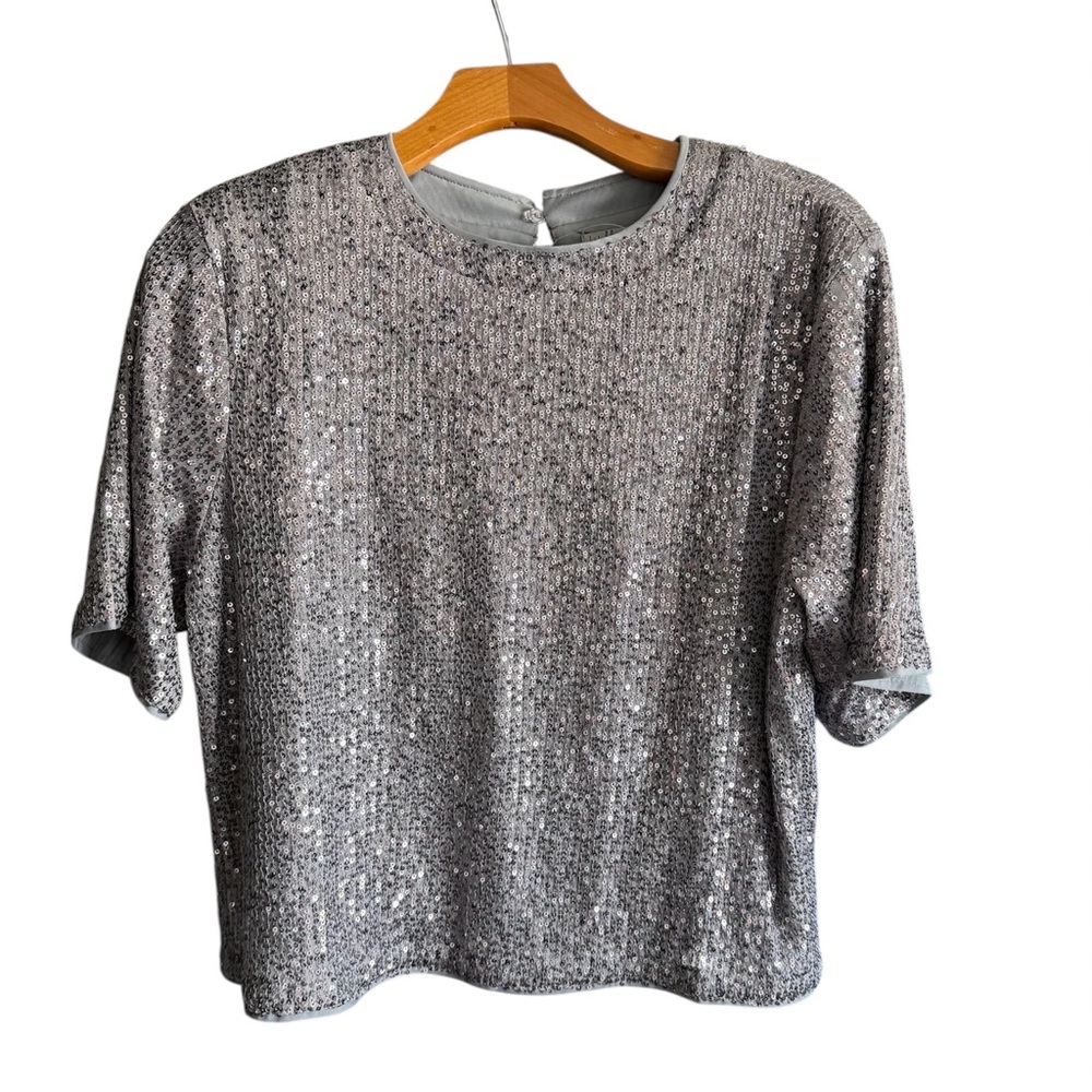 Silver Sequin Short Sleeve Blouse